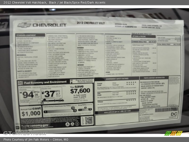  2012 Volt Hatchback Window Sticker