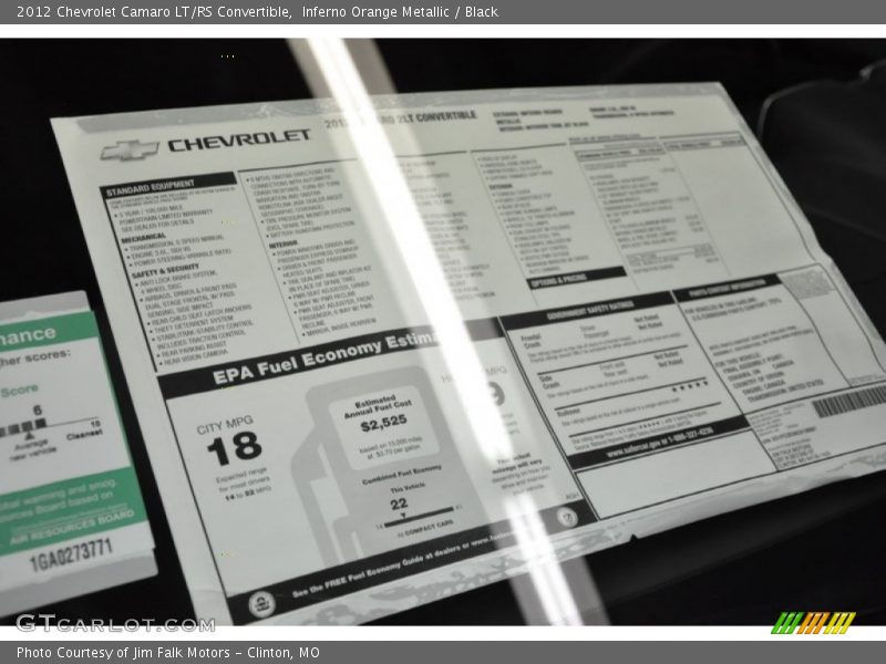  2012 Camaro LT/RS Convertible Window Sticker