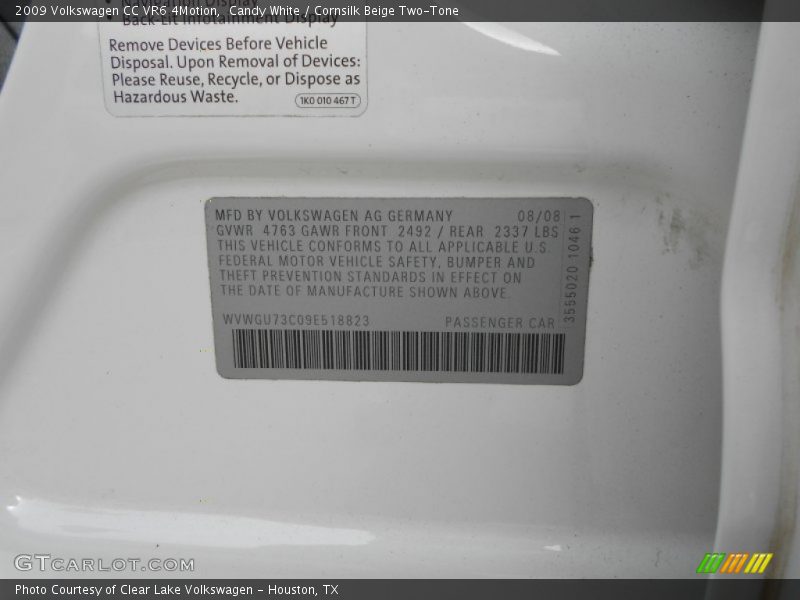Candy White / Cornsilk Beige Two-Tone 2009 Volkswagen CC VR6 4Motion
