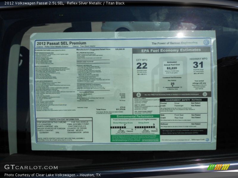  2012 Passat 2.5L SEL Window Sticker