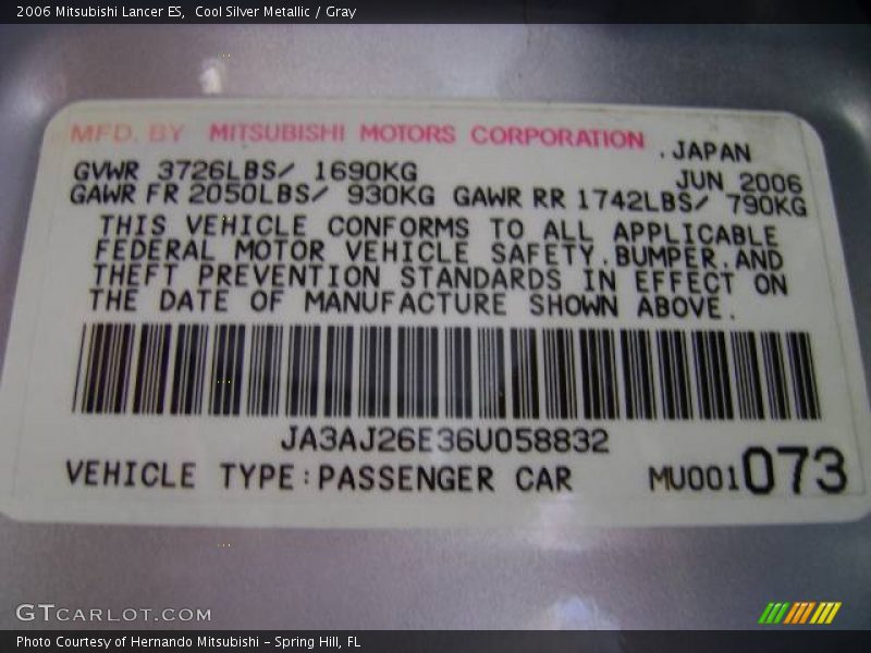 Cool Silver Metallic / Gray 2006 Mitsubishi Lancer ES