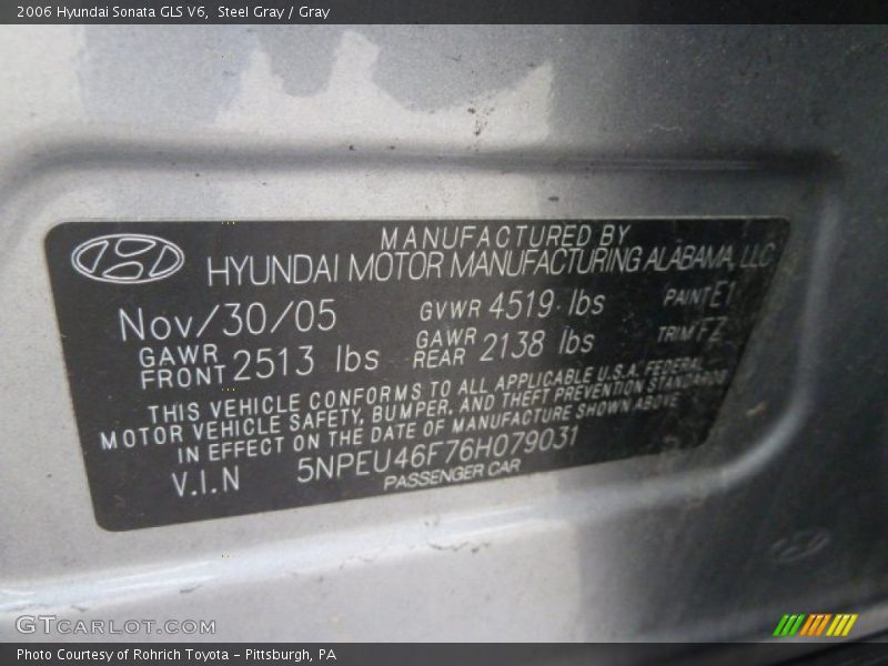 Steel Gray / Gray 2006 Hyundai Sonata GLS V6