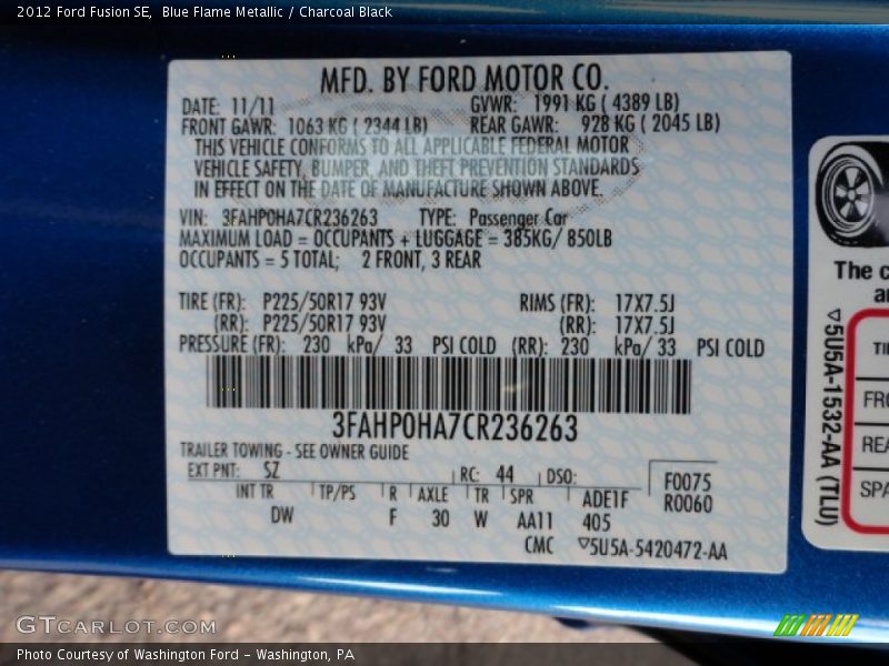 2012 Fusion SE Blue Flame Metallic Color Code SZ