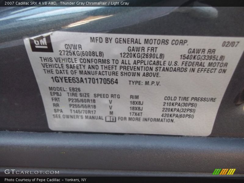 Info Tag of 2007 SRX 4 V8 AWD