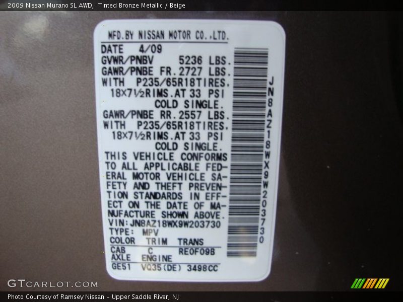 Tinted Bronze Metallic / Beige 2009 Nissan Murano SL AWD
