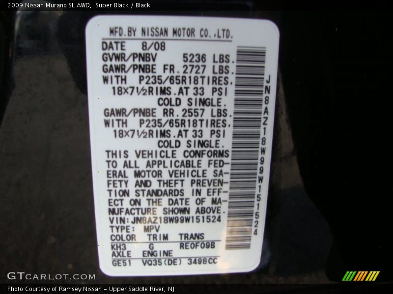 Super Black / Black 2009 Nissan Murano SL AWD