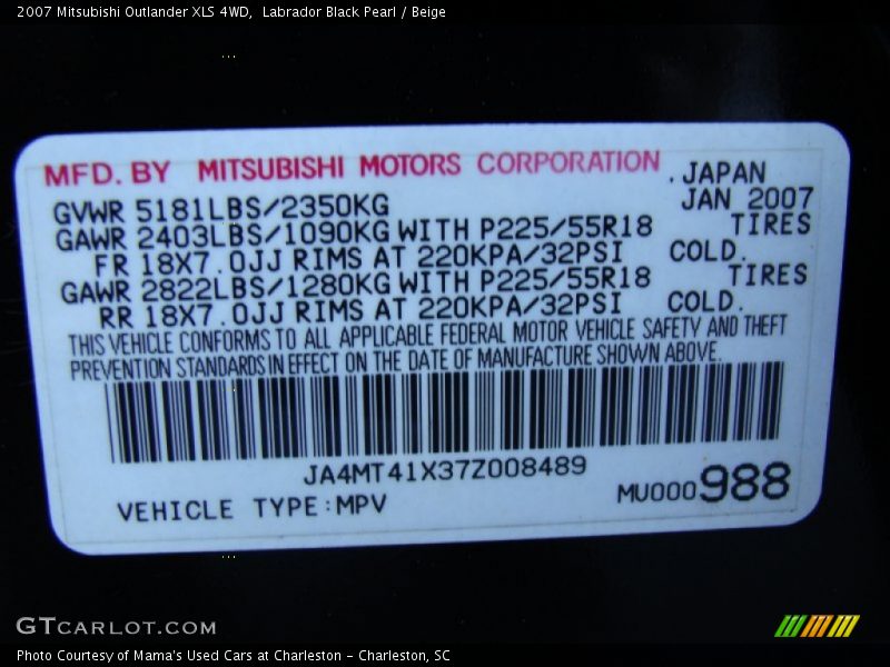 Labrador Black Pearl / Beige 2007 Mitsubishi Outlander XLS 4WD