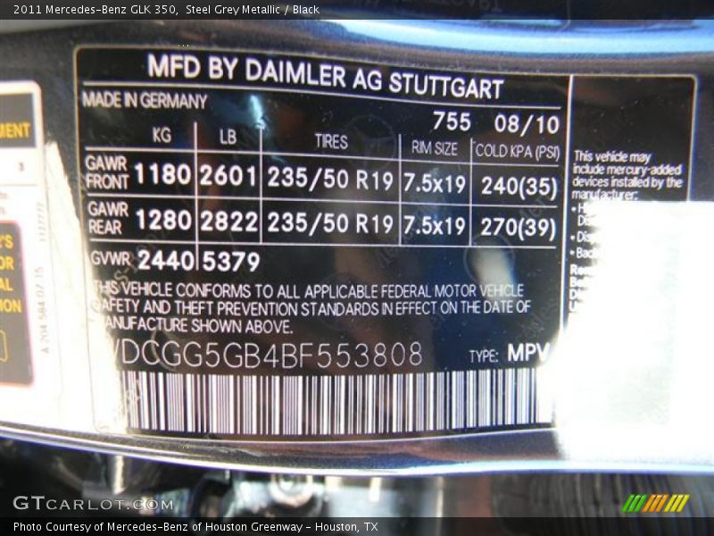 Steel Grey Metallic / Black 2011 Mercedes-Benz GLK 350