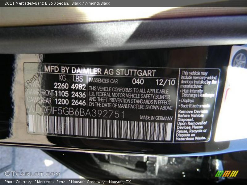 Black / Almond/Black 2011 Mercedes-Benz E 350 Sedan