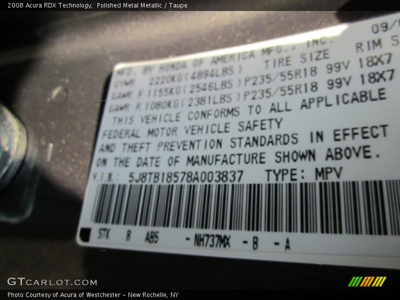 Polished Metal Metallic / Taupe 2008 Acura RDX Technology