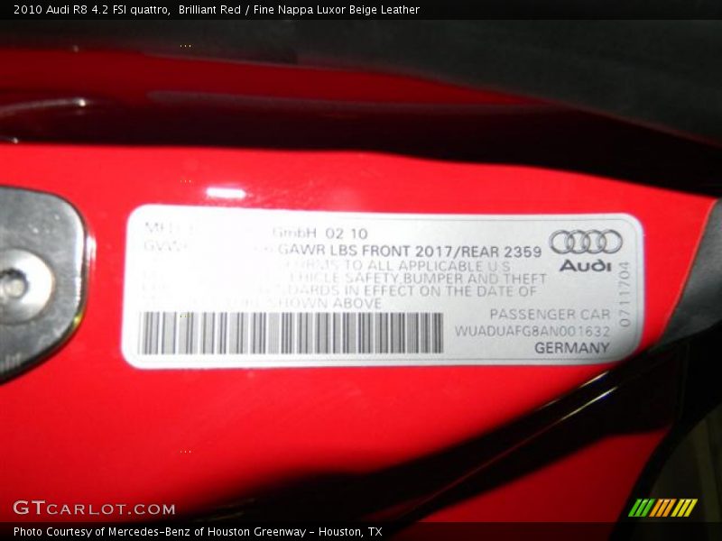 Brilliant Red / Fine Nappa Luxor Beige Leather 2010 Audi R8 4.2 FSI quattro