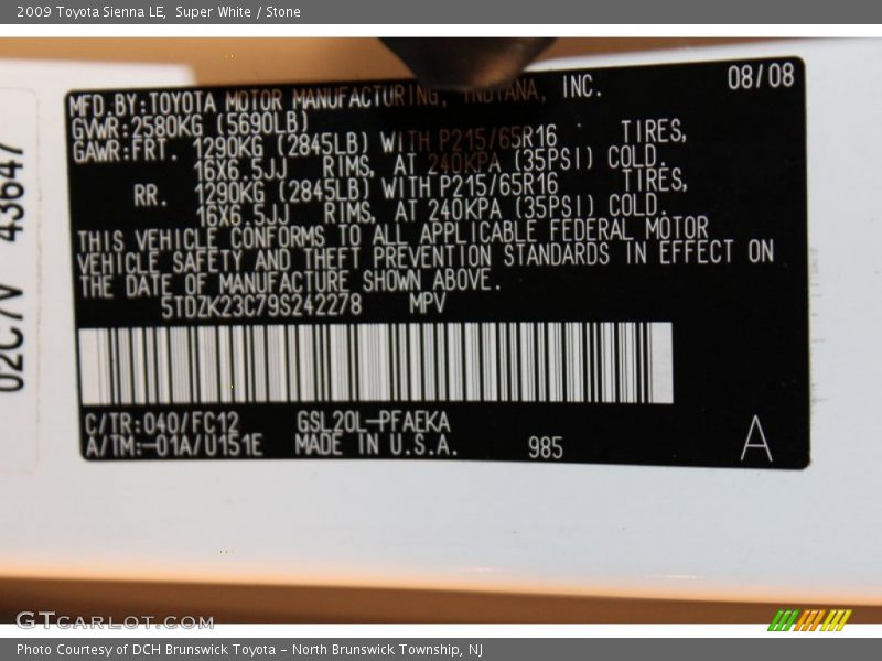 Super White / Stone 2009 Toyota Sienna LE