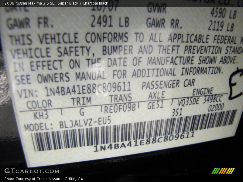 Super Black / Charcoal Black 2008 Nissan Maxima 3.5 SE