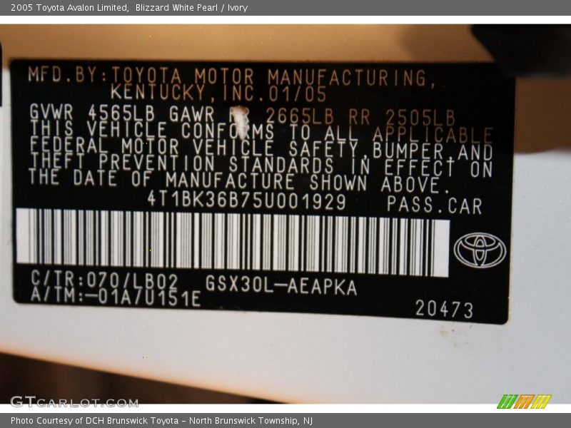 Blizzard White Pearl / Ivory 2005 Toyota Avalon Limited