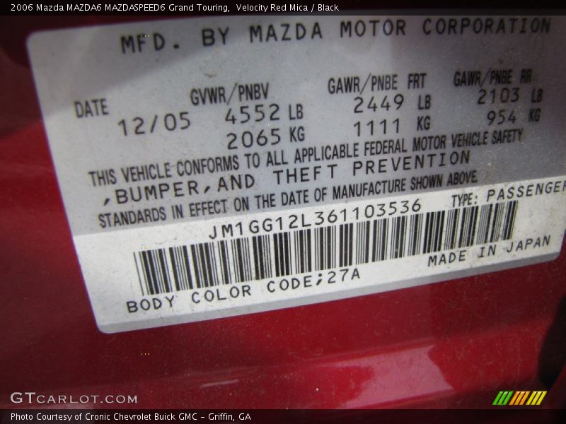 Velocity Red Mica / Black 2006 Mazda MAZDA6 MAZDASPEED6 Grand Touring