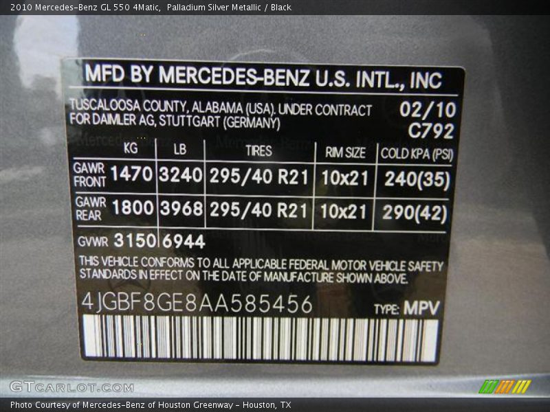 2010 GL 550 4Matic Palladium Silver Metallic Color Code 792