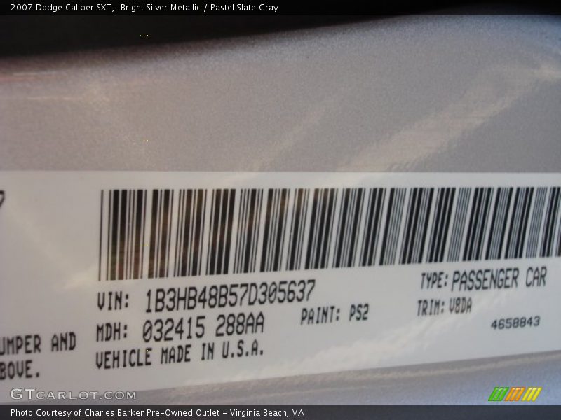 Bright Silver Metallic / Pastel Slate Gray 2007 Dodge Caliber SXT