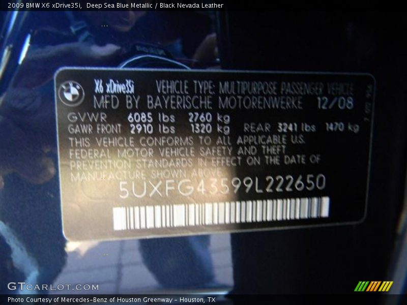Deep Sea Blue Metallic / Black Nevada Leather 2009 BMW X6 xDrive35i