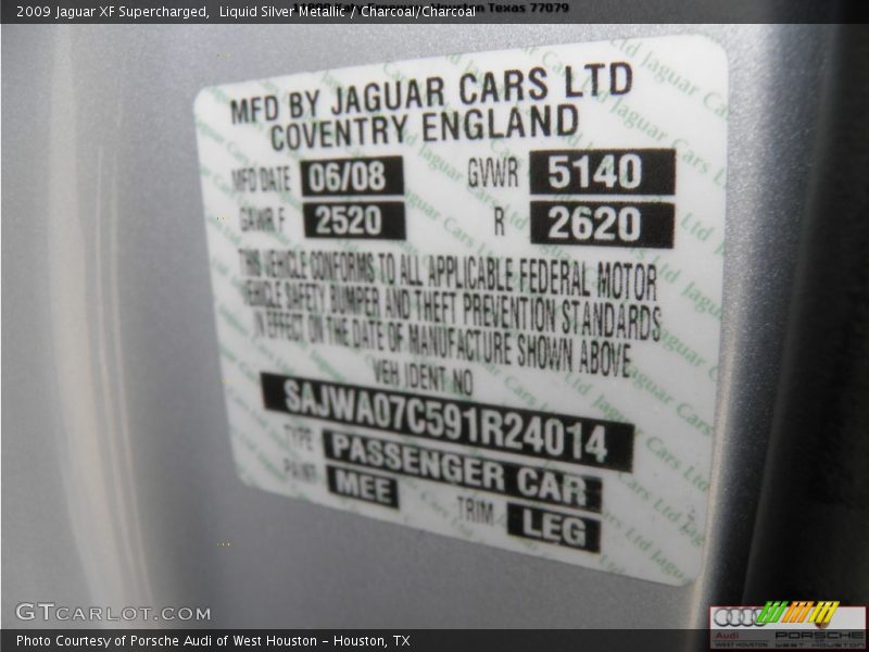 Liquid Silver Metallic / Charcoal/Charcoal 2009 Jaguar XF Supercharged