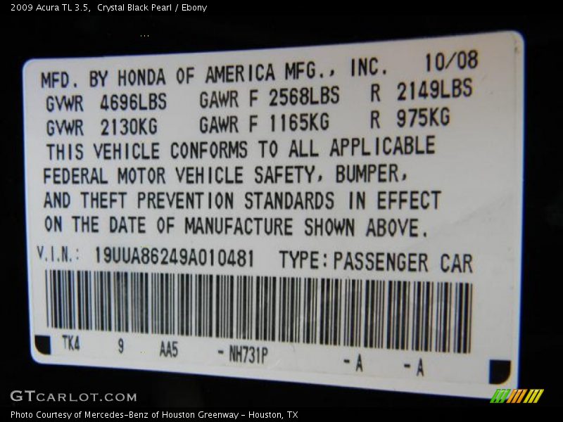 Crystal Black Pearl / Ebony 2009 Acura TL 3.5