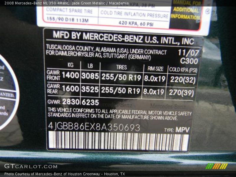 2008 ML 350 4Matic Jade Green Metallic Color Code 300