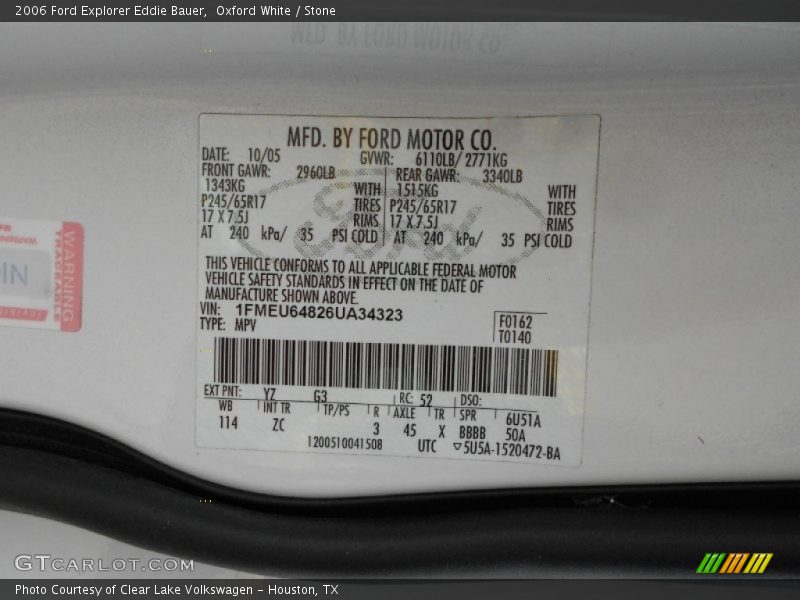 2006 Explorer Eddie Bauer Oxford White Color Code YZ
