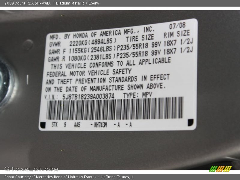 2009 RDX SH-AWD Palladium Metallic Color Code NH743M