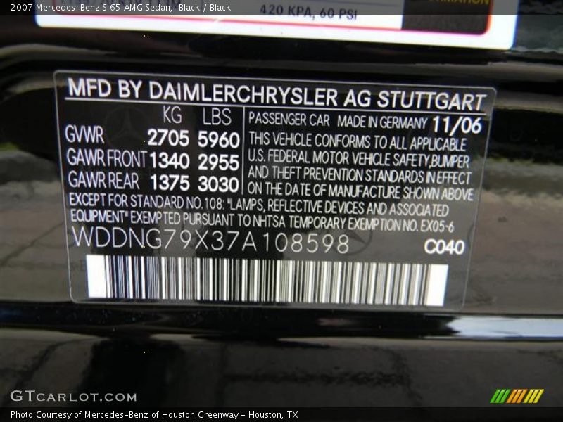 2007 S 65 AMG Sedan Black Color Code 040
