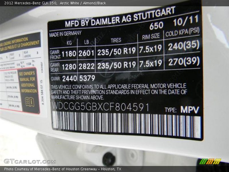 Arctic White / Almond/Black 2012 Mercedes-Benz GLK 350