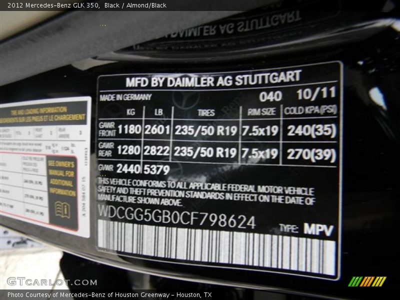 Black / Almond/Black 2012 Mercedes-Benz GLK 350