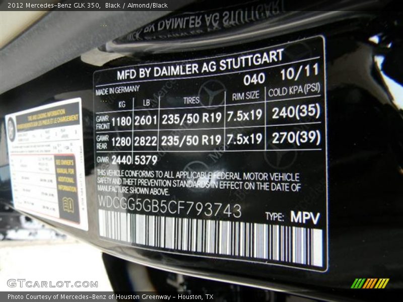 Black / Almond/Black 2012 Mercedes-Benz GLK 350