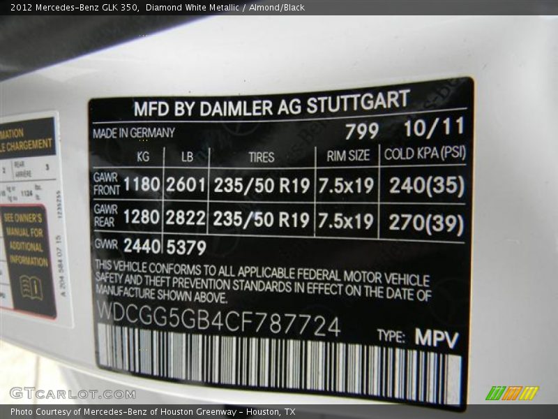 Diamond White Metallic / Almond/Black 2012 Mercedes-Benz GLK 350