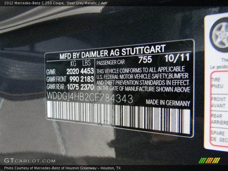 2012 C 250 Coupe Steel Grey Metallic Color Code 755