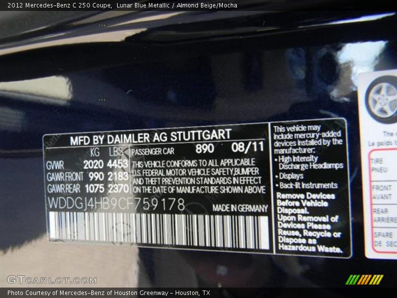 2012 C 250 Coupe Lunar Blue Metallic Color Code 890
