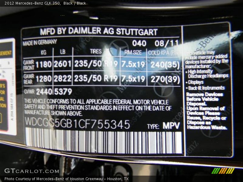 2012 GLK 350 Black Color Code 040