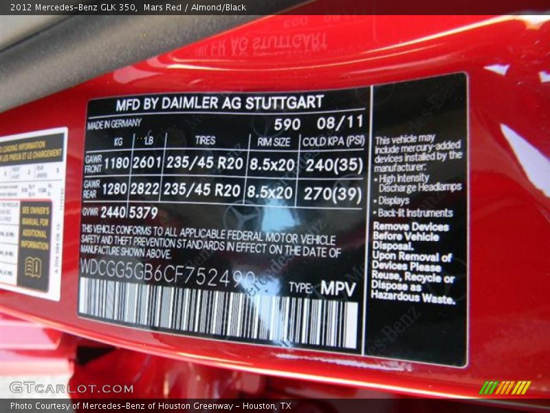 2012 GLK 350 Mars Red Color Code 590