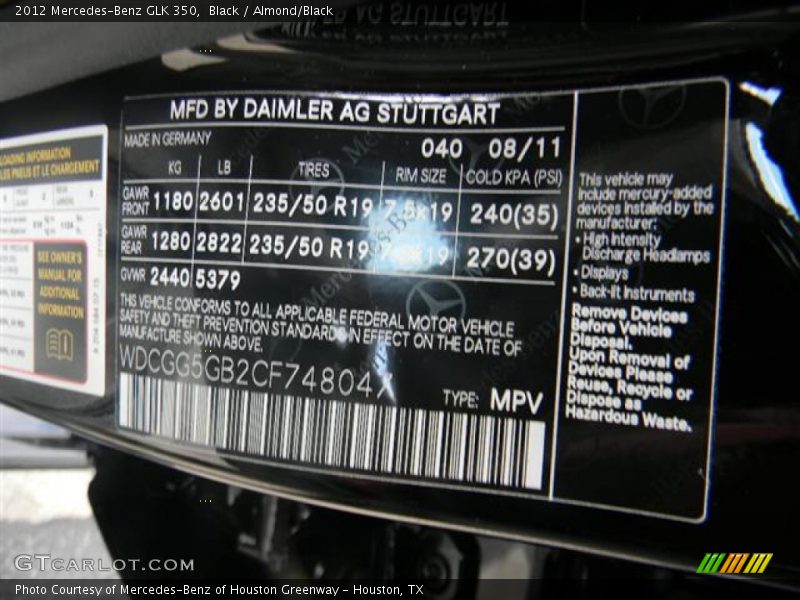 Black / Almond/Black 2012 Mercedes-Benz GLK 350