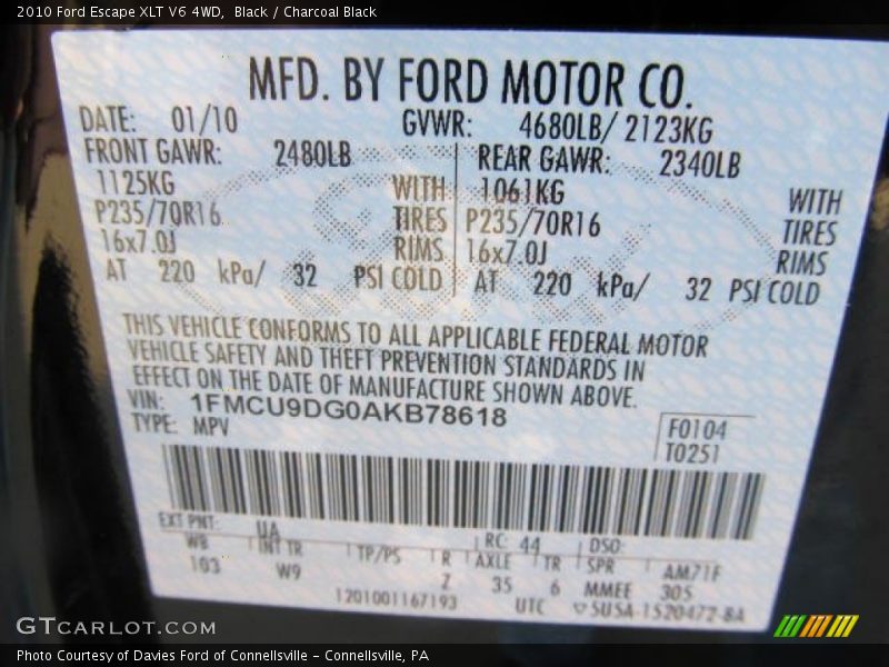 Black / Charcoal Black 2010 Ford Escape XLT V6 4WD