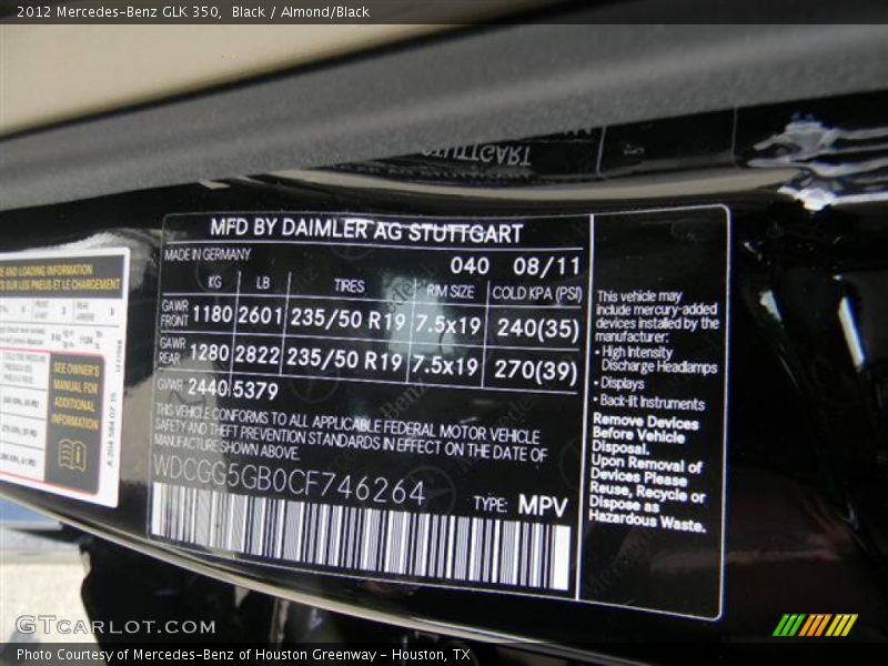 Black / Almond/Black 2012 Mercedes-Benz GLK 350