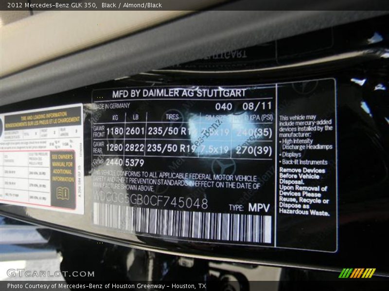 Black / Almond/Black 2012 Mercedes-Benz GLK 350