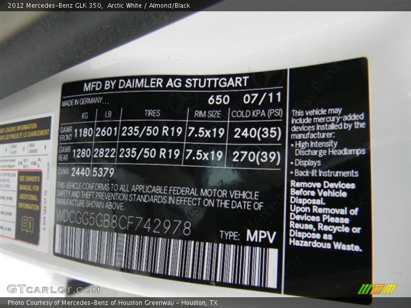 Arctic White / Almond/Black 2012 Mercedes-Benz GLK 350