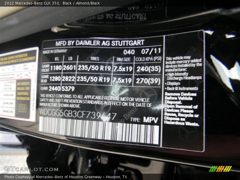 Black / Almond/Black 2012 Mercedes-Benz GLK 350