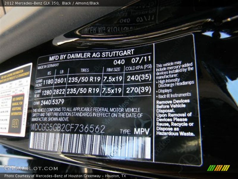 Black / Almond/Black 2012 Mercedes-Benz GLK 350