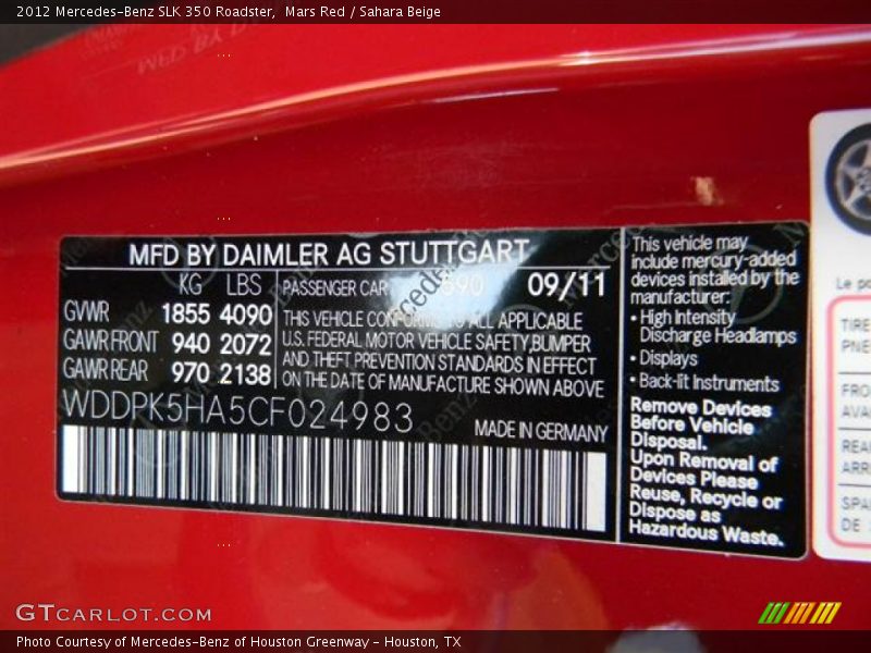 Mars Red / Sahara Beige 2012 Mercedes-Benz SLK 350 Roadster