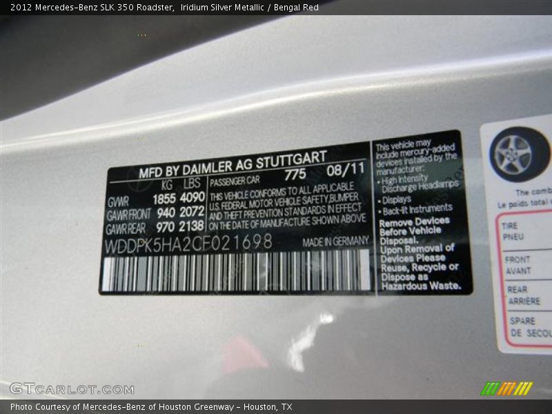 Iridium Silver Metallic / Bengal Red 2012 Mercedes-Benz SLK 350 Roadster