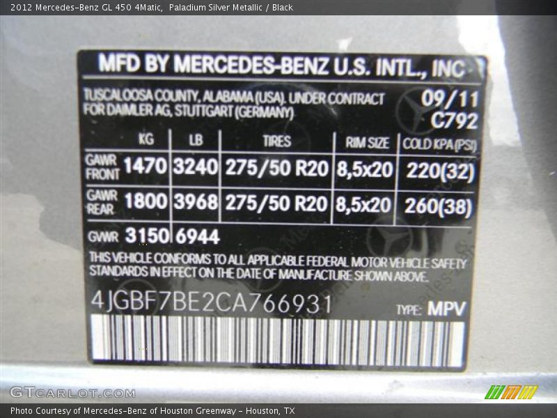 Paladium Silver Metallic / Black 2012 Mercedes-Benz GL 450 4Matic