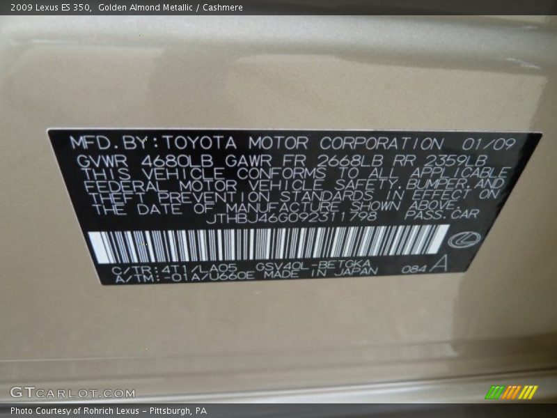 Golden Almond Metallic / Cashmere 2009 Lexus ES 350