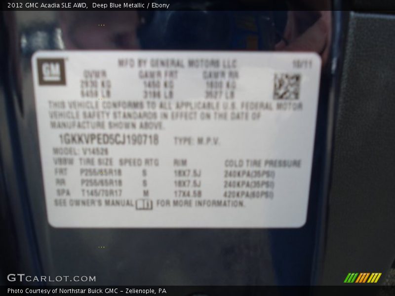 Deep Blue Metallic / Ebony 2012 GMC Acadia SLE AWD