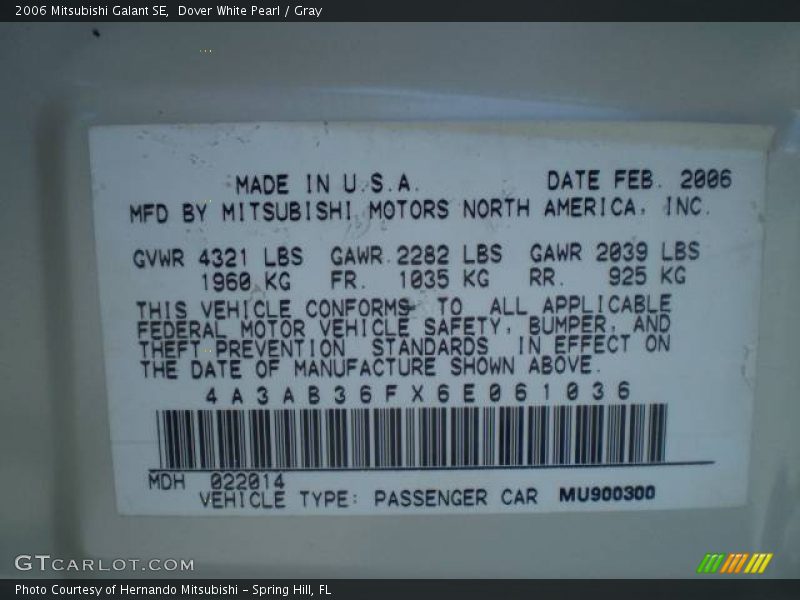 Dover White Pearl / Gray 2006 Mitsubishi Galant SE