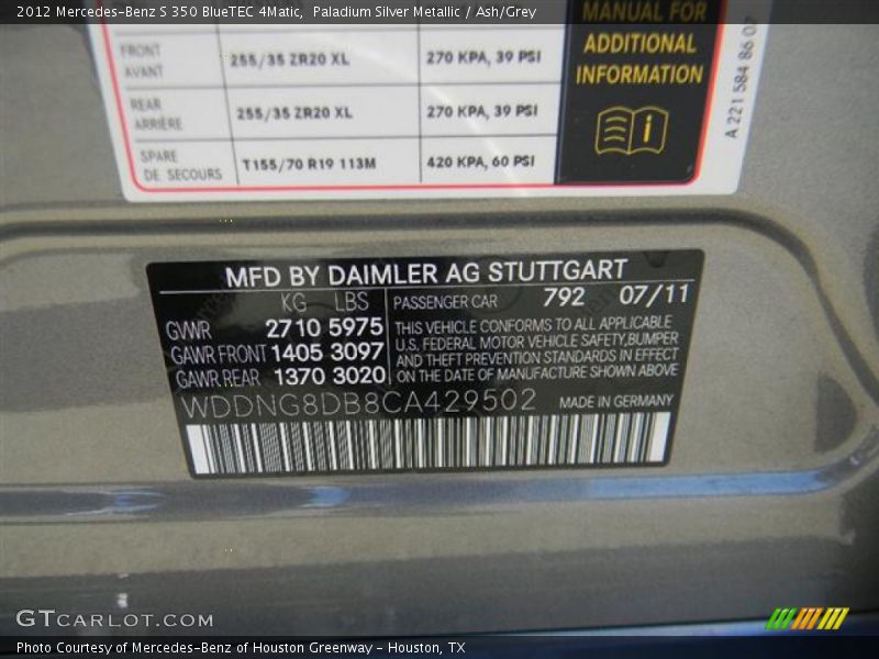 2012 S 350 BlueTEC 4Matic Paladium Silver Metallic Color Code 792